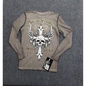 Affliction Xtreme Couture Shirt Men Small‎ Brown Thermal Long Sleeve Skull Cross